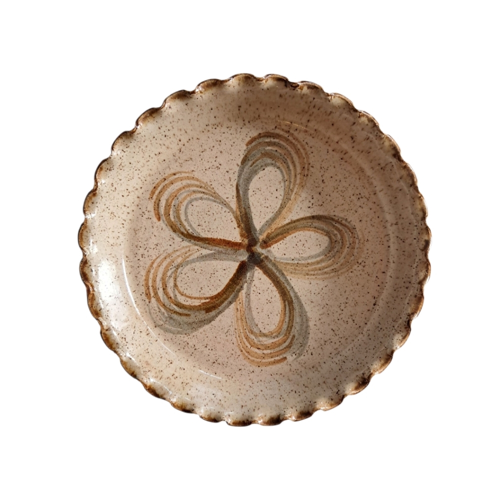 Schuchardt Studio Pottery Scalloped Pie Dish Hand Painted Floral Stoneware Tan